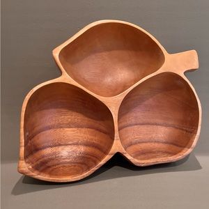 Vintage Monkey Pod Wood Three Section Leaf Shaped divided Serving Tray